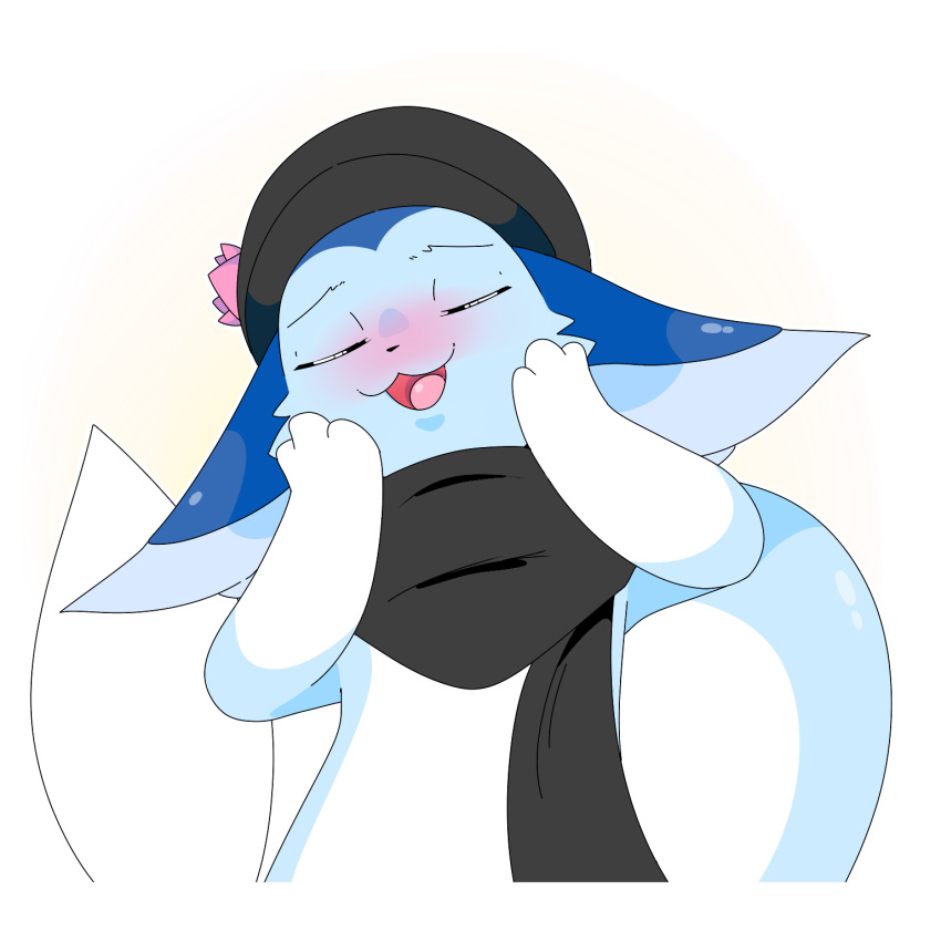 alpha_channel big_ears big_tail blush colored eyes_closed female flower hands_on_face hat nintendo open_mouth plant pok&eacute;mon scarf simple_background sly_vaporeon slyvern surprise transparent_background video_games white_belly white_stomach