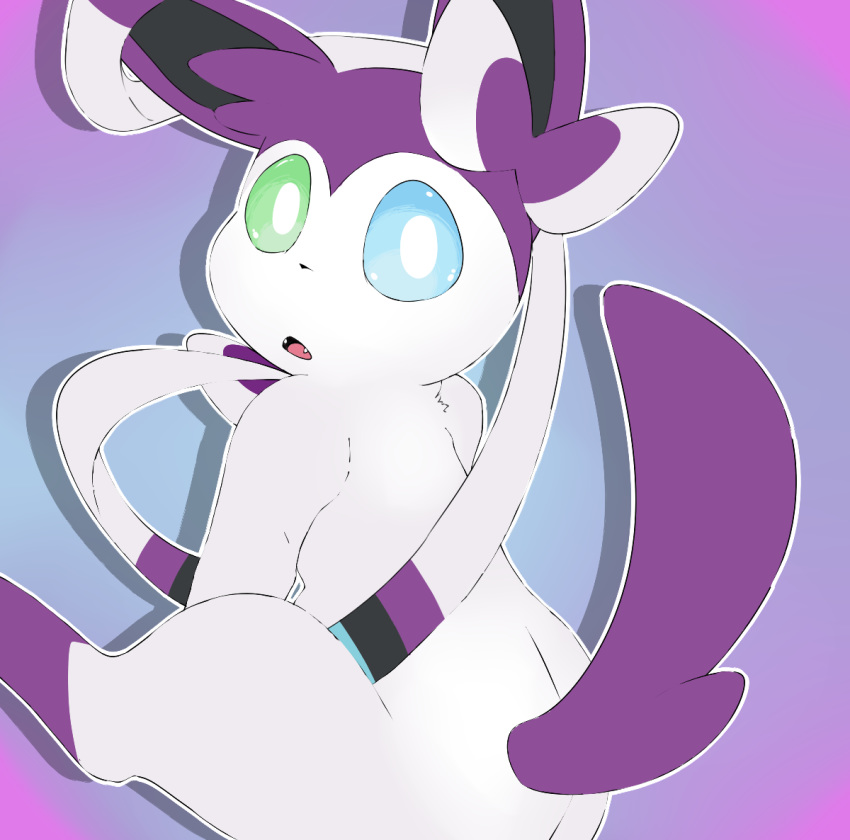 alternate_color ambiguous_gender big_butt big_tail blue_eyes butt eeveelution fan_character fangs fur green_eyes heterochromia nintendo open_mouth pok&eacute;mon pok&eacute;mon_(species) purple_background ribbons simple_background sitting slyvern surprise sylveon teeth video_games white_fur