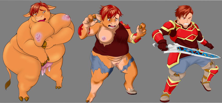 2018 anthro armor big_breasts bovine breast_expansion breasts cattle clenched_teeth clothed clothing female gender_transformation grey_background hair holding_breast human human_to_anthro killpanda male mammal melee_weapon mtf_transformation nipples nude obese open_mouth overweight pussy pussy_juice red_hair sequence short_hair simple_background solo standing surprise sword teats teeth torn_clothing transformation udders weapon weight_gain