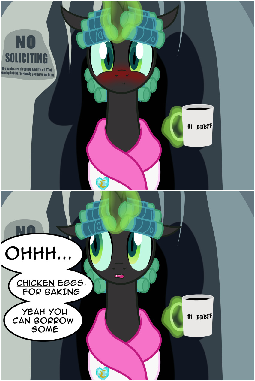 2018 badumsquish beverage changeling clothing coffee coffee_mug comic dialogue english_text fangs female friendship_is_magic green_eyes hair_curlers horn my_little_pony queen_chrysalis_(mlp) robe slit_pupils text