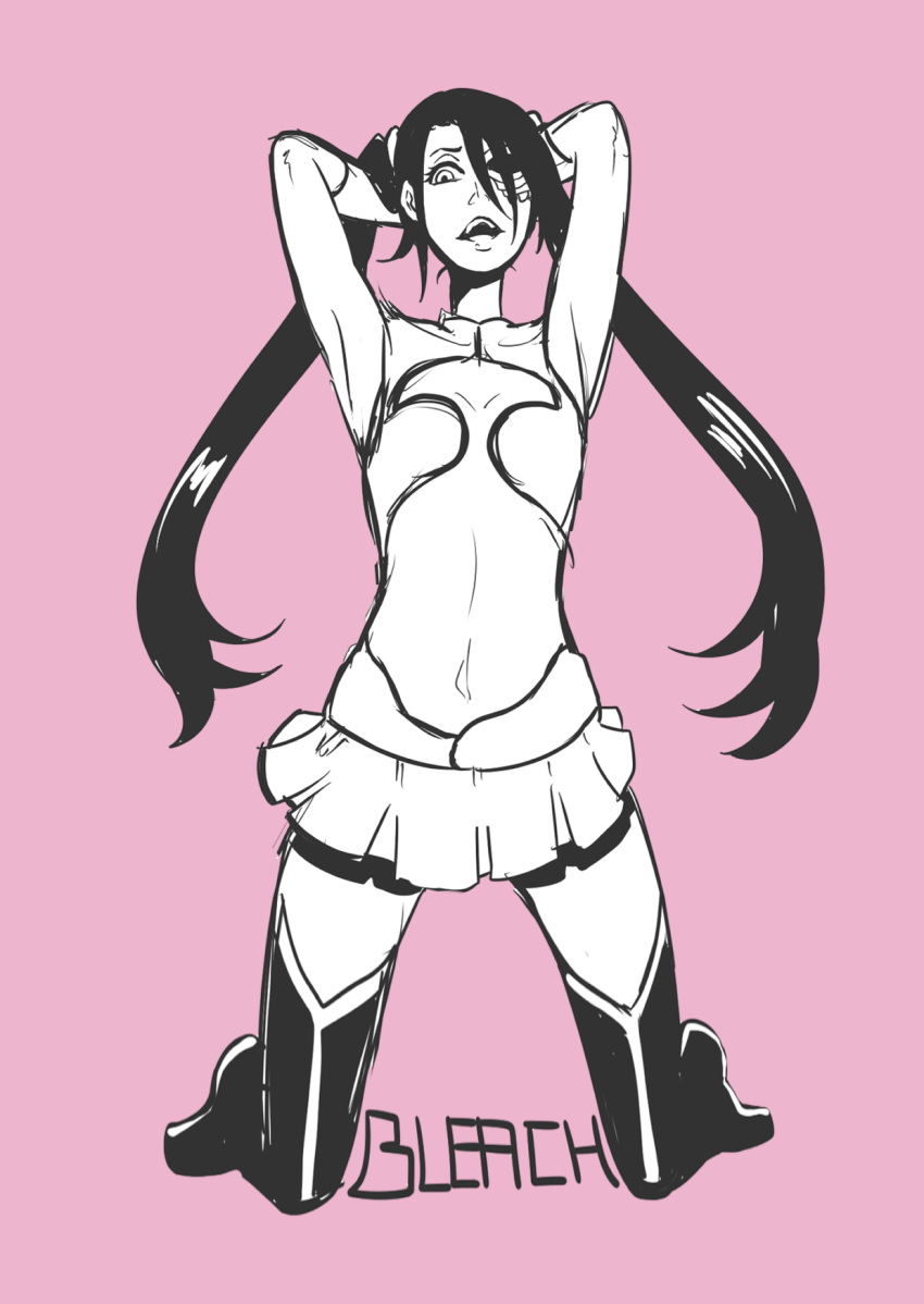 1girl arrancar artist_request black_hair bleach breasts dress female loly_aivirrne long_hair looking_at_viewer monochrome skirt small_breasts twintails