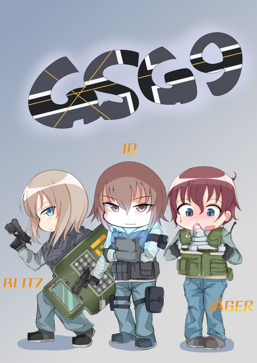 akaboshi_koume antennae antyobi0720 bangs black_footwear black_gloves black_jacket blitz_(rainbow_six_siege) blue_eyes blue_footwear blue_pants blush boots brown_hair character_name chibi closed_mouth commentary_request computer eyebrows_visible_through_hair from_side girls_und_panzer gloves gradient gradient_background green_shirt grey_background grey_footwear gsg_9 gun handgun highres holding holding_gun holding_weapon hood hoodie iq_(rainbow_six_siege) itsumi_erika jacket jaeger_(rainbow_six_siege) letter light long_hair long_sleeves looking_at_viewer motion_lines multiple_girls nishizumi_maho open_mouth pants pouch rainbow_six_siege riot_shield shirt short_hair silver_hair smile sparkle standing striped striped_shirt sweatdrop tactical_clothes trigger_discipline vest wavy_hair weapon weapon_request white_shirt