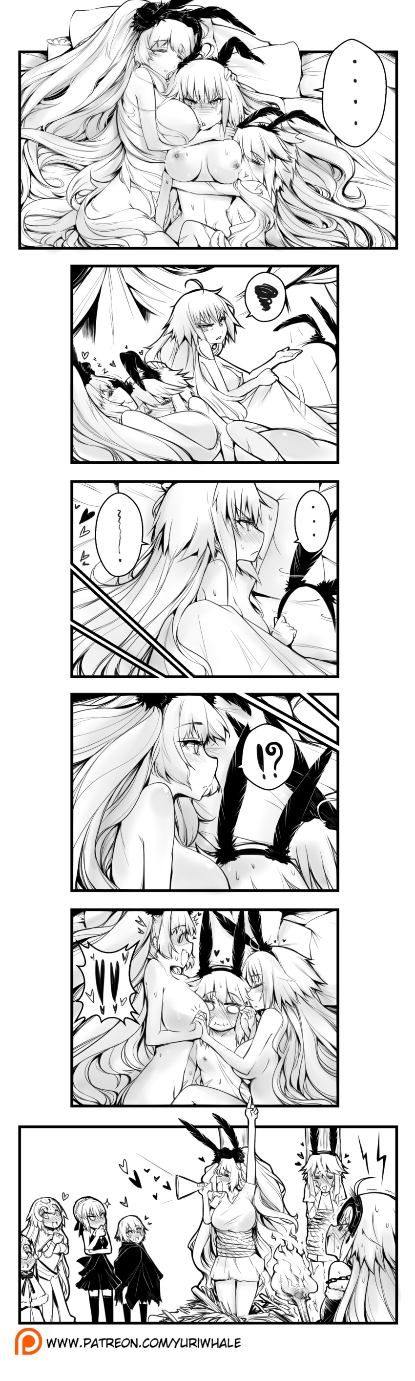 !? ... 3girls 4koma 6+girls ? absurdres ahoge animal_ears anne_bonny_(fate/grand_order) anne_bonny_(swimsuit_archer)_(fate) artoria_pendragon_(all) black_dress blush breasts bunny_ears bunny_girl burning_at_the_stake capelet cleavage closed_eyes comic cuddling dress embarrassed facial_scar fake_animal_ears fate/apocrypha fate/grand_order fate_(series) fire fourth_wall fur-trimmed_capelet fur_trim girl_sandwich greyscale happy headpiece highres holding_hands jack_the_ripper_(fate/apocrypha) jeanne_d'arc_(alter)_(fate) jeanne_d'arc_(fate) jeanne_d'arc_(fate)_(all) jeanne_d'arc_alter_santa_lily large_breasts long_hair looking_at_viewer mary_read_(fate/grand_order) mary_read_(swimsuit_archer)_(fate) megaphone monochrome multiple_girls open_mouth ribbon saber_alter sandwiched scar scar_on_cheek short_hair silent_comic smile spoken_ellipsis spoken_interrobang spoken_question_mark spoken_squiggle squiggle striped striped_ribbon tied_to_stake tsundere very_long_hair white_capelet yuri yuriwhale