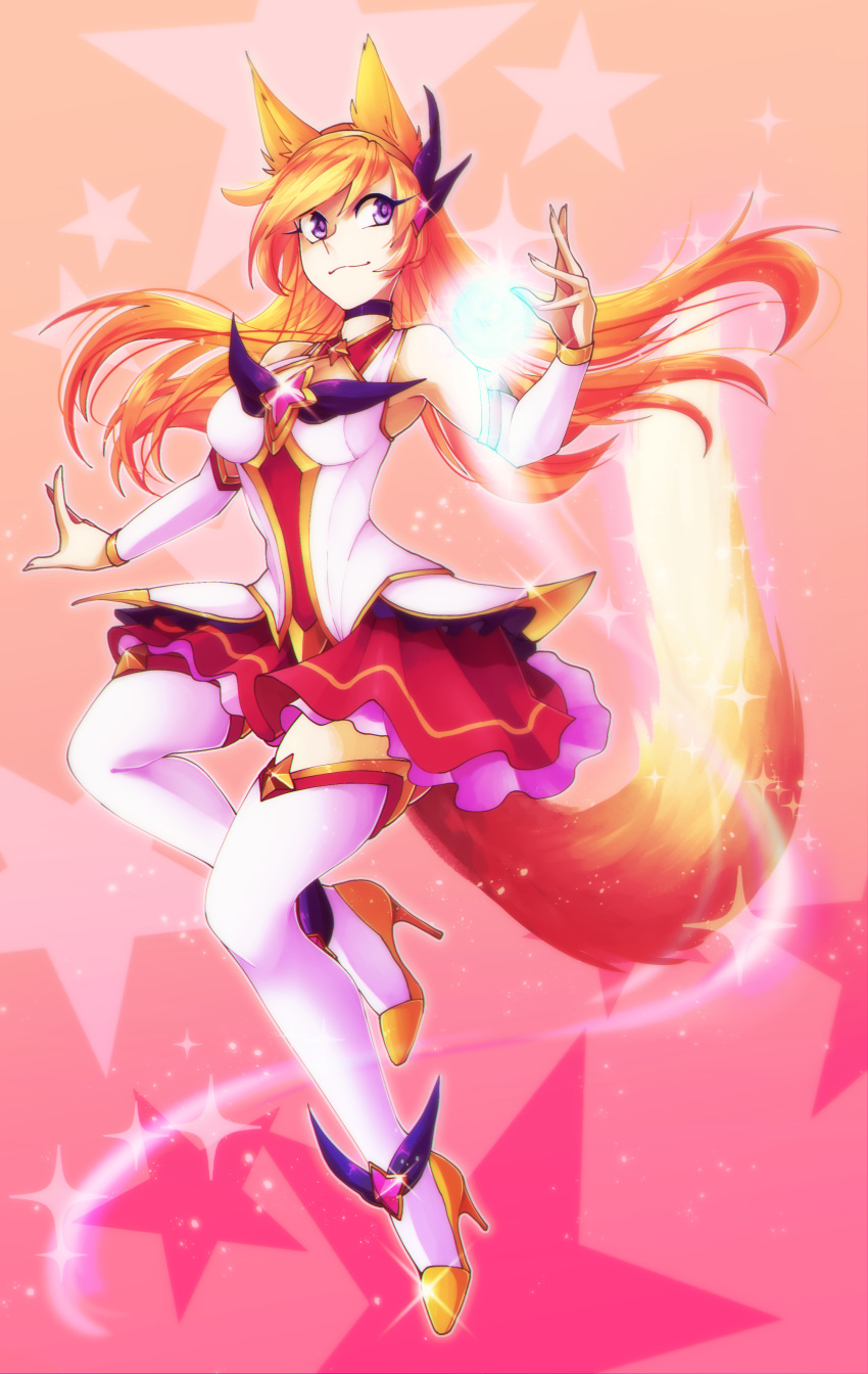 1girl ahri alternate_costume alternate_eye_color alternate_hair_color animal_ears boots breasts choker detached_sleeves fox_ears fox_tail hair_ornament hairband high_heel_boots high_heels league_of_legends legs long_hair long_legs magical_girl multiple_tails peach_hair skirt spread_legs star_guardian_ahri tail thigh_boots thighhighs thighs white_legwear