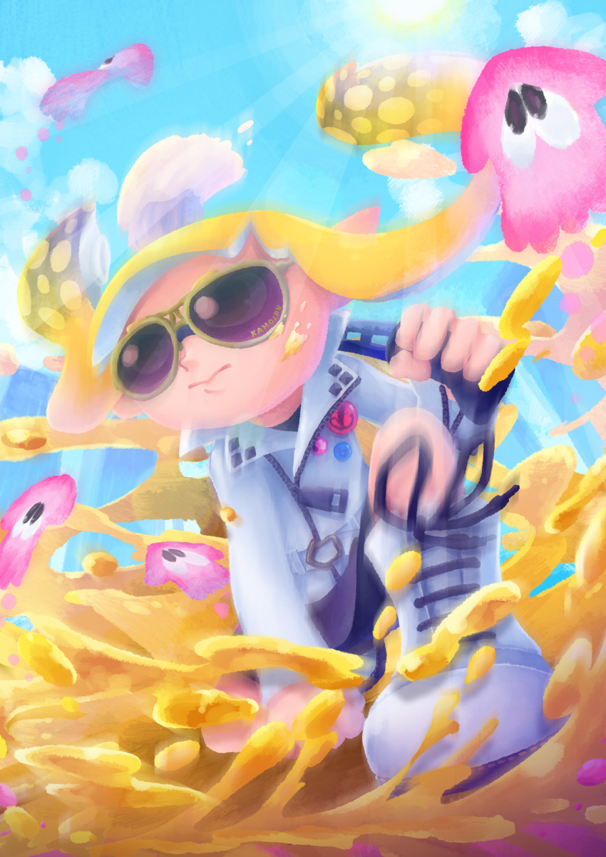 badge bike_shorts black_shorts blonde_hair blue_sky boots brown_eyes button_badge closed_mouth cloud clumeal day domino_mask highres holding holding_paintbrush inkbrush_(splatoon) inkling light_rays long_hair long_sleeves mask one_knee outdoors over_shoulder paintbrush pointy_ears shorts sky solo splatoon_(series) splatoon_2 squid sun sunbeam sunglasses sunlight tentacle_hair white_footwear zipper zipper_pull_tab