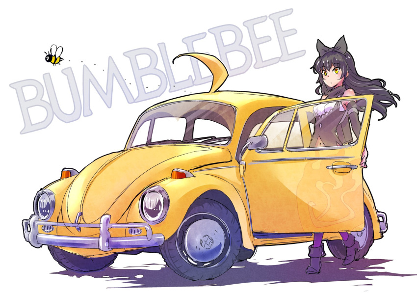 black_hair black_scarf blake_belladonna bow bumblebee bumblebee_(film) bumblebee_(rwby) car commentary english_commentary ground_vehicle hair_bow highres iesupa long_hair motor_vehicle objectification rwby scarf transformers volkswagen_beetle yang_xiao_long yellow_eyes