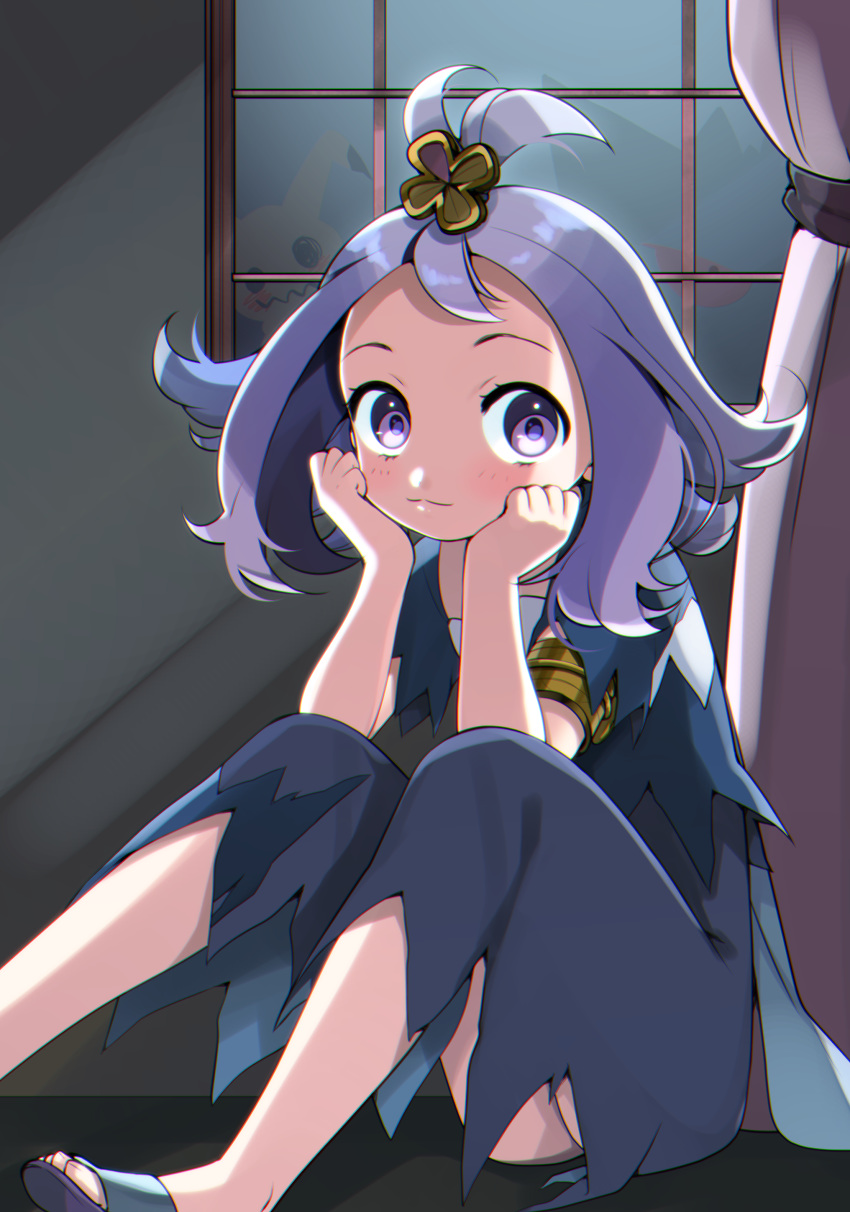 absurdres acerola_(pokemon) blush closed_mouth curtains dress gen_7_pokemon highres indoors legs looking_at_viewer medium_hair mimikyu pokemon pokemon_(game) pokemon_sm purple purple_dress purple_eyes purple_hair sandals sitting sitting_on_floor solo tied_hair trial_captain window yuihiko