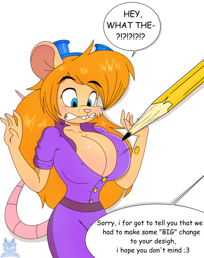 2017 anthro big_breasts blonde_hair blue_eyes breast_expansion breasts buckteeth chip_'n_dale_rescue_rangers cleavage clenched_teeth clothed clothing dialogue disney eyewear female gadget_hackwrench goggles hair long_hair mammal mouse pencil_(object) rodent simple_background solo standing surprise teeth theawesomefoxguy unseen_character white_background