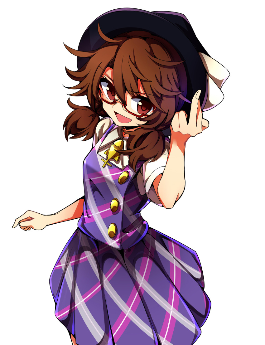 baba_(baba_seimaijo) bow brown_hair commentary dress fedora glasses hat hat_bow highres long_hair looking_at_viewer low_twintails middle_finger open_mouth plaid plaid_vest purple_dress red-framed_eyewear red_eyes school_uniform semi-rimless_eyewear short_sleeves touhou twintails usami_sumireko vest white_background