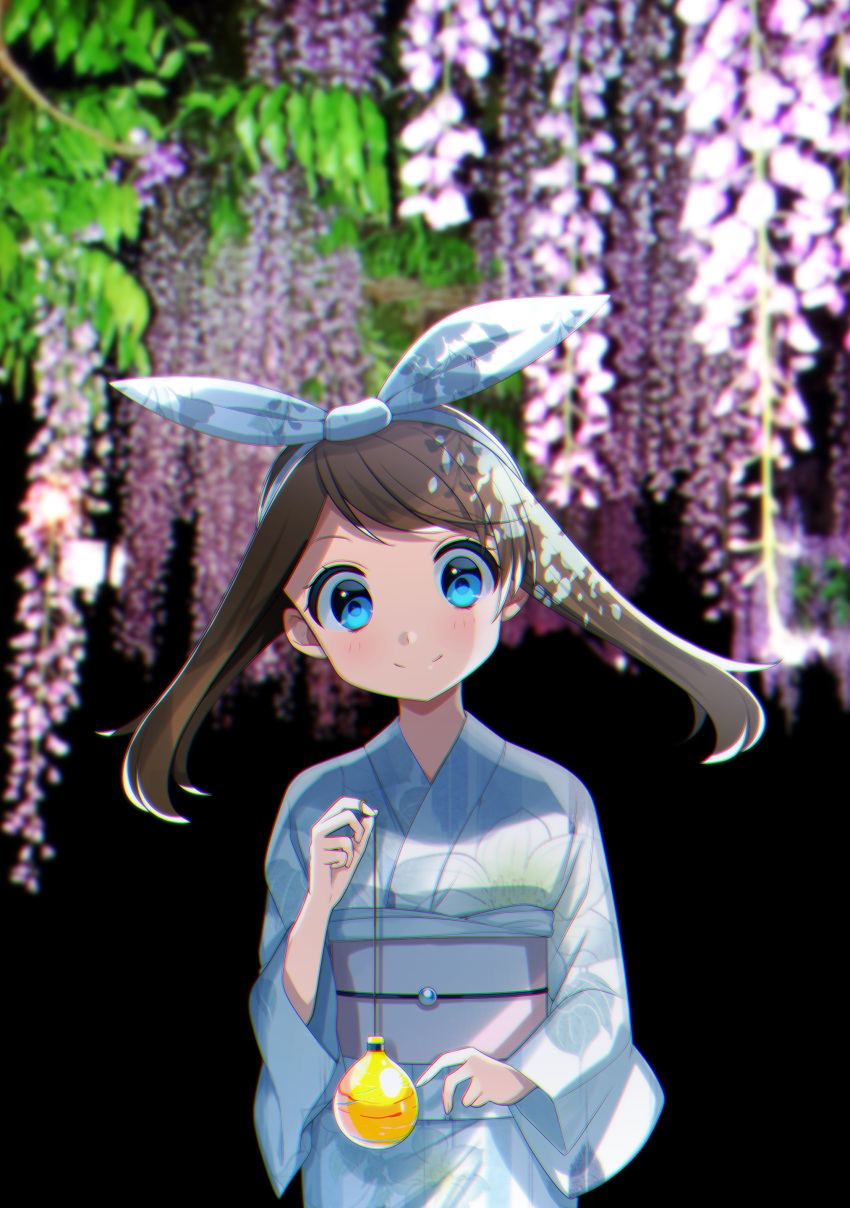 absurdres aqua_eyes aqua_kimono aqua_ribbon brown_hair closed_mouth flower hair_ribbon haruka_(pokemon) highres japanese_clothes kimono long_hair long_sleeves obi outdoors pokemon pokemon_(game) pokemon_oras ribbon sash smile solo water_balloon wisteria yuihiko yukata