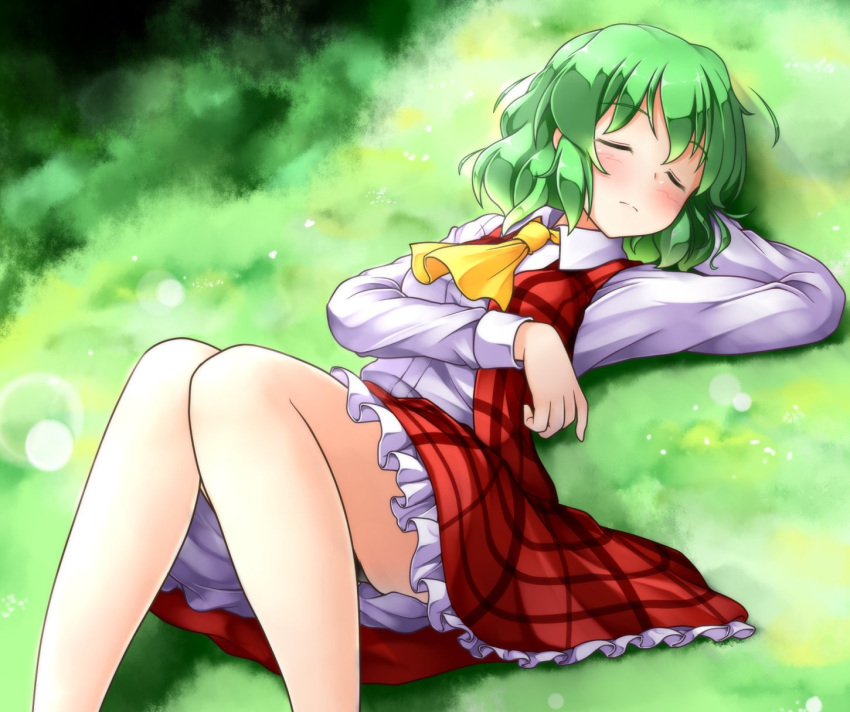 aka_tawashi arm_up ascot black_panties blush breasts closed_eyes commentary_request eyebrows_visible_through_hair from_above grass green_hair hair_between_eyes highres kazami_yuuka knees_up light_particles long_sleeves lying medium_breasts miniskirt on_back outdoors panties pantyshot pantyshot_(lying) petticoat plaid plaid_skirt plaid_vest red_skirt red_vest shadow shirt short_hair skirt skirt_lift sleeping solo touhou underwear upskirt vest white_shirt wing_collar yellow_neckwear