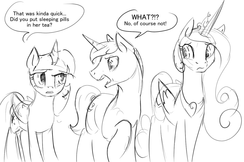 2015 dialogue english_text equine feathered_wings feathers female feral friendship_is_magic group horn male mammal monochrome my_little_pony night_light_(mlp) princess_cadance_(mlp) silfoe text twilight_sparkle_(mlp) unicorn winged_unicorn wings