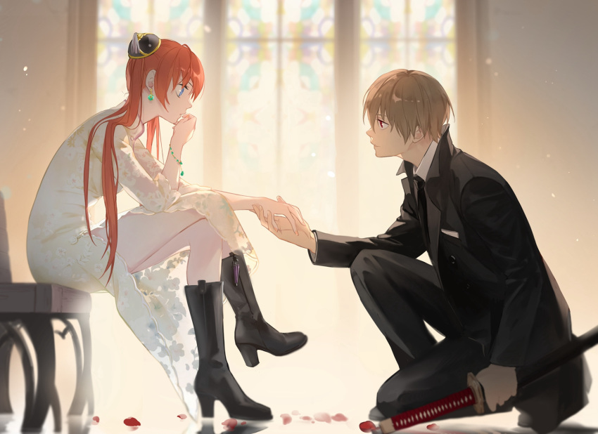 1girl black_footwear blue_eyes boots bracelet breasts bun_cover china_dress chinese_clothes collared_shirt couple crossed_legs dress earrings formal from_side full_body gintama hair_bun hand_on_another's_hand head_rest hetero highres holding_hands jewelry kagura_(gintama) katana kneeling light_brown_hair loli_bushi long_hair looking_at_another md5_mismatch medium_breasts necktie okita_sougo one_knee orange_hair outstretched_arm outstretched_hand pants petals profile proposal red_eyes reflective_floor scabbard sheath sheathed shirt short_hair side_slit sitting sleeves_past_elbows stained_glass suit sword thighs weapon white_dress