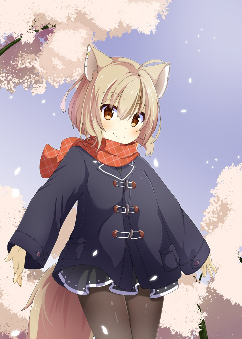 animal_ears black_coat black_legwear brown_hair chaakusu cherry_blossoms coat commentary_request ear_piercing fennery_(show_by_rock!!) fox_ears fox_tail highres light_brown_hair long_sleeves miniskirt multicolored_hair outstretched_arms pantyhose petals piercing scarf short_hair show_by_rock!! skirt smile spread_arms streaked_hair tail tree two-tone_hair unmoving_pattern