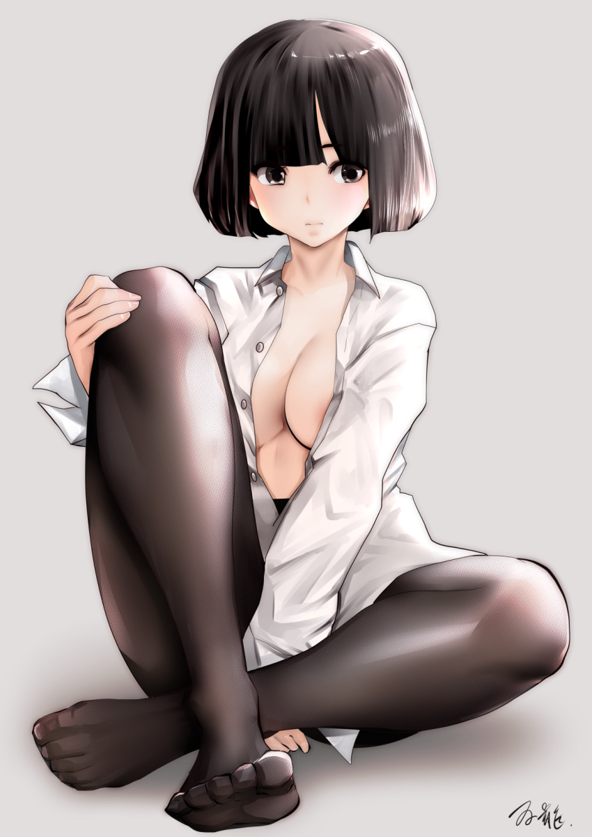 arm_support artist_name bangs black_hair black_legwear blunt_bangs bob_cut breasts cleavage commentary_request dress_shirt full_body grey_background highres indian_style large_breasts leg_grab light_frown no_bra open_clothes open_shirt original pantyhose shirt short_hair signature simple_background sitting solo souryu white_shirt