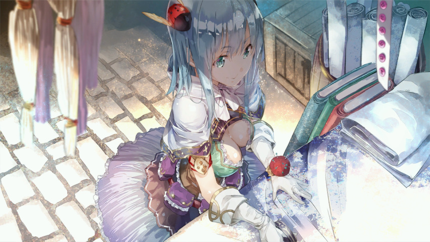 atelier_(series) atelier_sophie blue_eyes blue_hair breasts capelet cleavage cleavage_cutout corset elbow_gloves game_cg gloves hair_ornament large_breasts leon_(atelier) long_hair official_art skirt smile solo white_gloves yuugen
