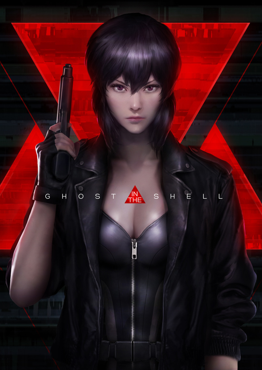 absurdres bangs bodysuit breasts brown_eyes cleavage collarbone commentary copyright_name cowboy_shot cyborg fingerless_gloves ghost_in_the_shell gloves gun hair_between_eyes handgun highres holding holding_gun holding_weapon jacket johnson_ting kusanagi_motoko leotard lips long_sleeves looking_at_viewer open_clothes open_jacket pistol police purple_hair realistic short_hair solo standing uniform unzipped weapon zipper zipper_pull_tab