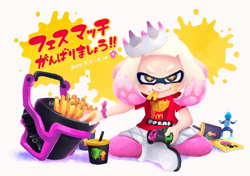 1girl 2017 boots brown_eyes closed_mouth clumeal cup dated domino_mask drinking_straw eating food food_in_mouth french_fries full_body highres hime_(splatoon) indian_style inkling_(language) looking_at_viewer mask mcdonald's mole mole_under_mouth multicolored_hair nintendo_switch paint_splatter pantyhose pink_hair pink_legwear red_shirt shirt short_hair short_sleeves sitting slosher_(splatoon) smile solo splatoon_(series) splatoon_2 symbol-shaped_pupils t-shirt tentacle_hair translation_request twitter_username two-tone_hair weapon white_footwear white_hair