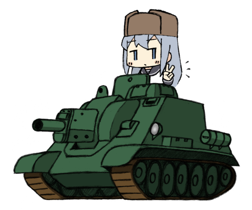 blue_eyes chibi commentary_request grey_hair ground_vehicle hat hibiki_(kantai_collection) iiyatsu_(stormtrooperh) kantai_collection military military_vehicle motor_vehicle self-propelled_gun soviet_union su-122 tank v verniy_(kantai_collection) white_background