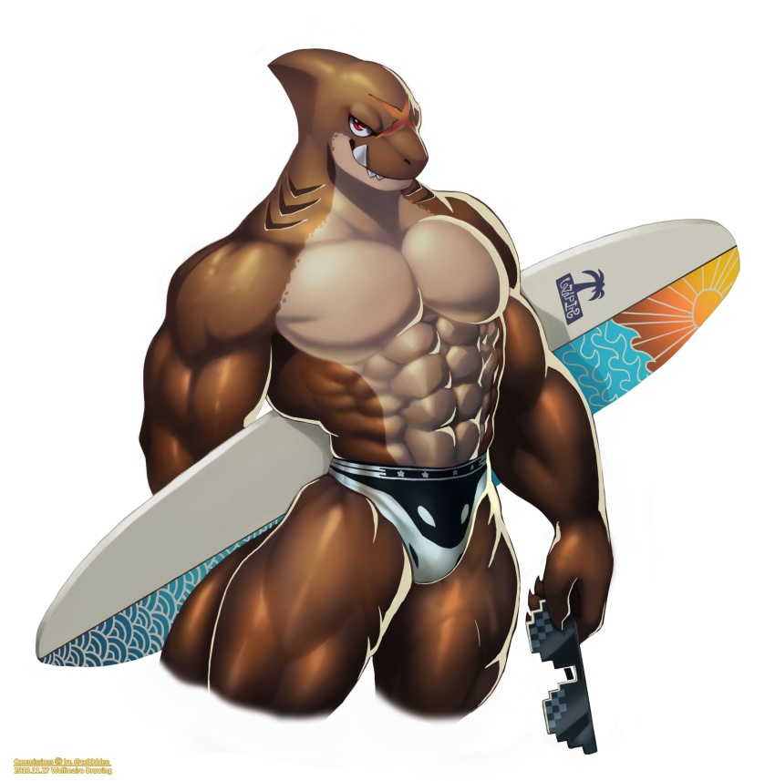 abs anthro biceps brown_skin bulge clothed clothing deal_with_it_shades facial_scar fish gills hi_res holding_glasses huge_muscles looking_at_viewer male marine muscular muscular_male pecs portrait red_eyes scar shark sharp_teeth simple_background skimpy smile solo speedo standing surfboard swimsuit teeth three-quarter_portrait topless white_background wolfmalro