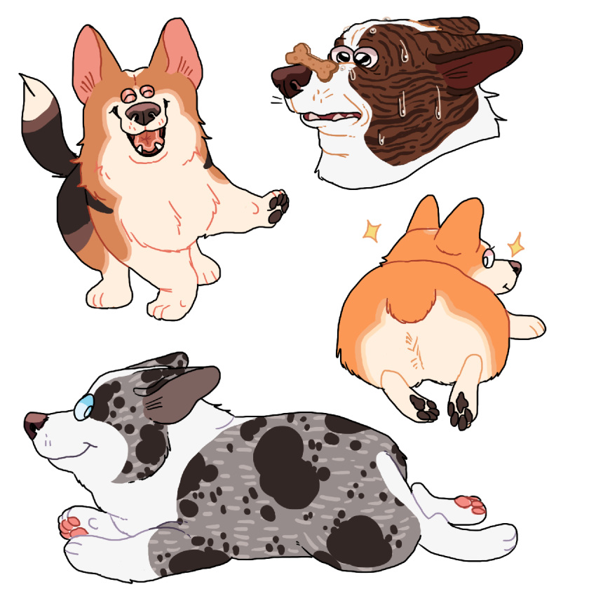 2018 3_toes aliasing ambiguous_gender balancing black_eyes black_fur black_pawpads black_spots black_tail brown_fur brown_nose brown_stripes butt butt_focus canine corgi countershade_face countershade_torso countershading cute digital_drawing_(artwork) digital_media_(artwork) dipstick_tail dog dog_treat ears_back eyes_closed fangs feral food front_view full-length_portrait fur gogarty grey_fur grey_tail group happy headshot_portrait hi_res hindpaw looking_at_viewer looking_back mammal markings multicolored_fur multicolored_tail nervous open_mouth open_smile orange_fur orange_tail pawpads paws pink_tongue portrait quadruped raised_leg rear_view short_tail side_view simple_background smile snout socks_(marking) sparkling spots spotted_fur spotted_tail striped_fur stripes sweat tan_fur toes tongue toony two_tone_fur two_tone_tail whiskers white_background white_eyes white_fur white_tail