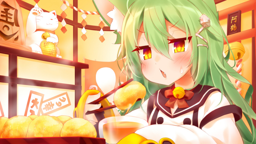 akashi_(azur_lane) animal_ears azur_lane bangs bell black_sailor_collar blush cat_ears cat_girl chestnut_mouth chopsticks commentary_request dot_nose double-breasted double_vertical_stripe dress eating eyebrows_visible_through_hair eyelashes fang food_request green_hair hair_between_eyes hair_ornament half-closed_eyes holding holding_chopsticks indoors jingle_bell jitome koha long_hair long_sleeves maneki-neko open_mouth parted_bangs partial_commentary ringed_eyes rope sailor_collar shide shimenawa shiny shiny_hair sitting sleeve_cuffs solo steam sweatdrop torii translation_request upper_body v-shaped_eyebrows wavy_hair white_dress yellow_eyes