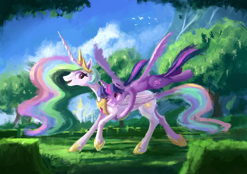 2017 avian bird castle cloud crown cute cutie_mark detailed_background digital_media_(artwork) digital_painting_(artwork) duo embrace equine eye_contact eyelashes feathered_wings feathers female feral flying friendship_is_magic grass grin hair happy hi_res hooves horn hug larger_female long_hair long_horn looking_back mammal mountain multicolored_hair my_little_pony nature nude one_eye_closed open_mouth open_smile outside plainoasis princess_celestia_(mlp) purple_eyes purple_feathers rainbow_hair royalty silly size_difference sky smile teeth tongue tree twilight_sparkle_(mlp) walking white_feathers winged_unicorn wings