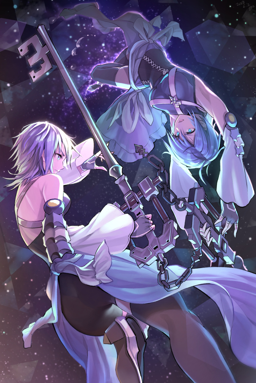 aqua_(kingdom_hearts) armpits ass backless_outfit bangs bare_shoulders battle black_gloves black_jumpsuit black_legwear blue_eyes blue_hair breasts chain clone detached_sleeves eye_contact eyebrows_visible_through_hair fingerless_gloves gloves gogo_(detteiu_de) hair_between_eyes high_heels highres holding holding_weapon jumpsuit keyblade kingdom_hearts kingdom_hearts_0.2_birth_by_sleep_-a_fragmentary_passage- leg_up light_particles long_sleeves looking_at_another medium_breasts medium_hair midair multiple_girls short_jumpsuit thighhighs upside-down v-shaped_eyebrows weapon wide_sleeves zettai_ryouiki