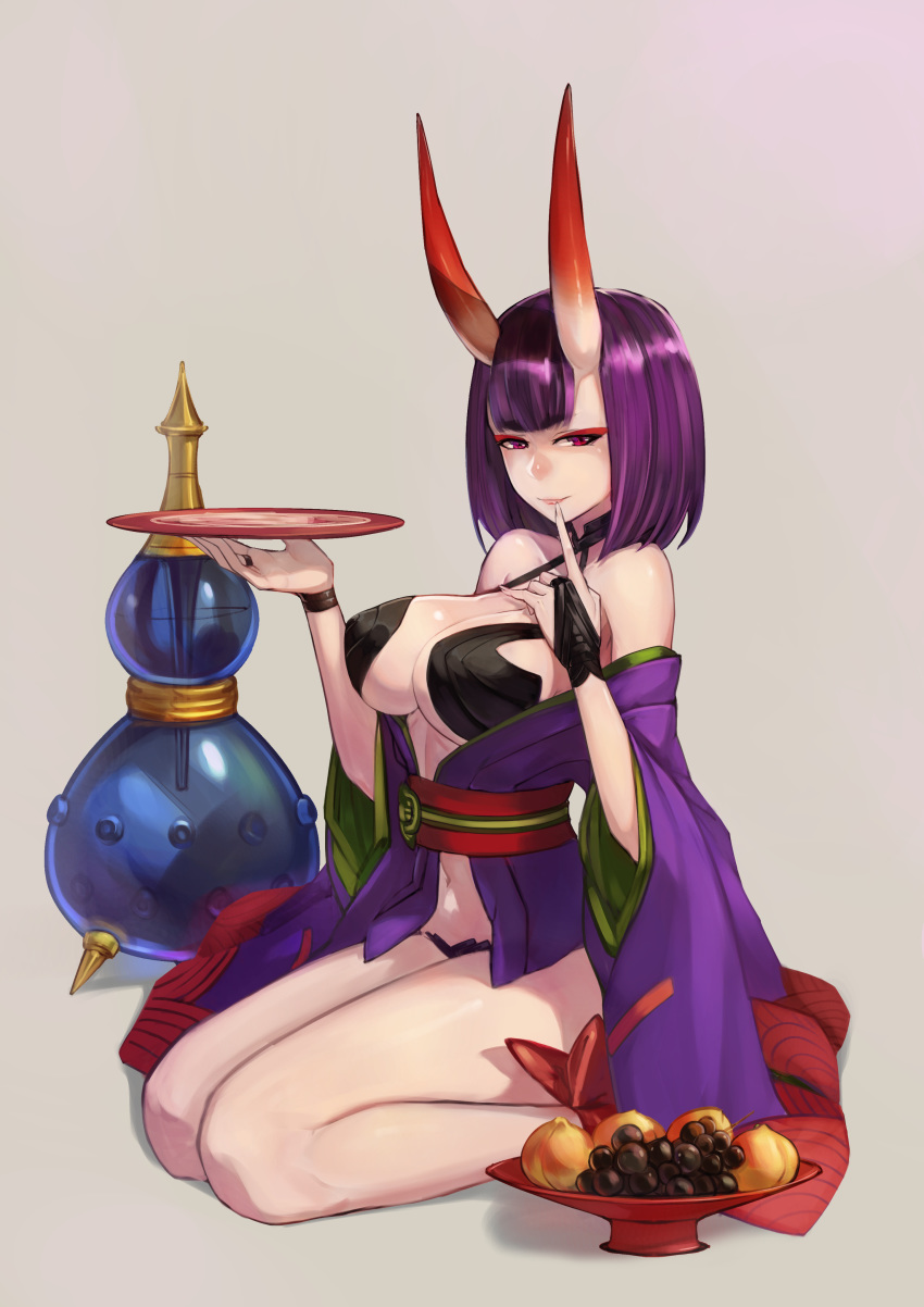 absurdres alcohol alternate_breast_size ankle_ribbon bangs bare_shoulders breasts commentary_request cup fate/grand_order fate_(series) finger_to_mouth food fruit gourd grapes highres holding horns huitu_xigai japanese_clothes kimono large_breasts looking_at_viewer older oni oni_horns open_clothes open_kimono purple_eyes purple_hair purple_kimono revealing_clothes ribbon sakazuki sake seiza short_hair shuten_douji_(fate/grand_order) sitting solo