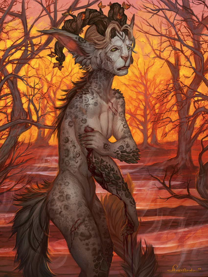 2018 5_fingers amenlona anthro blood day detailed_background forest fur green_eyes grey_fur mammal nude outside sky solo spots spotted_fur tree