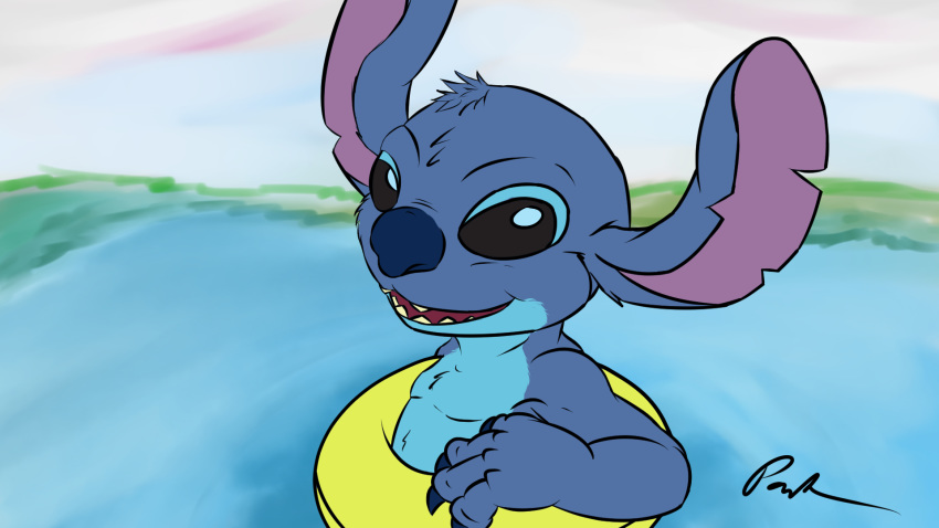 16:9 2016 4_fingers alien black_eyes blue_claws blue_fur blue_nose claws digital_drawing_(artwork) digital_media_(artwork) disney experiment_(species) fur head_tuft hi_res inner_tube lilo_and_stitch looking_at_viewer notched_ear open_mouth open_smile partially_submerged pawknight signature smile solo stitch tuft water