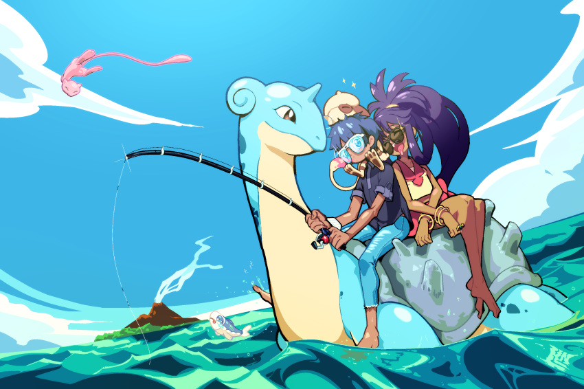 1girl aliasing alternate_color bare_arms bare_legs bare_shoulders barefoot blue_hair blue_sky brown_eyes closed_mouth commentary_request dark_skin day denim drooling fisheye fishing fishing_line fishing_rod flying full_body gen_1_pokemon gen_2_pokemon gen_7_pokemon gym_leader highres holding holding_fishing_rod iris_(pokemon) jeans lapras leaning_on_person liline_(liline_01) long_hair looking_at_another mew multiple_riders nose_bubble ocean open_mouth original outdoors pants pokemon pokemon_(creature) pokemon_(game) pokemon_bw2 ponytail purple_hair riding shiny_pokemon shirt short_hair short_sleeves sidesaddle skirt sky sleeping sleeveless sleeveless_shirt smeargle smoke sunglasses swimming tearing_up tongue tongue_out volcano water wide_ponytail wishiwashi