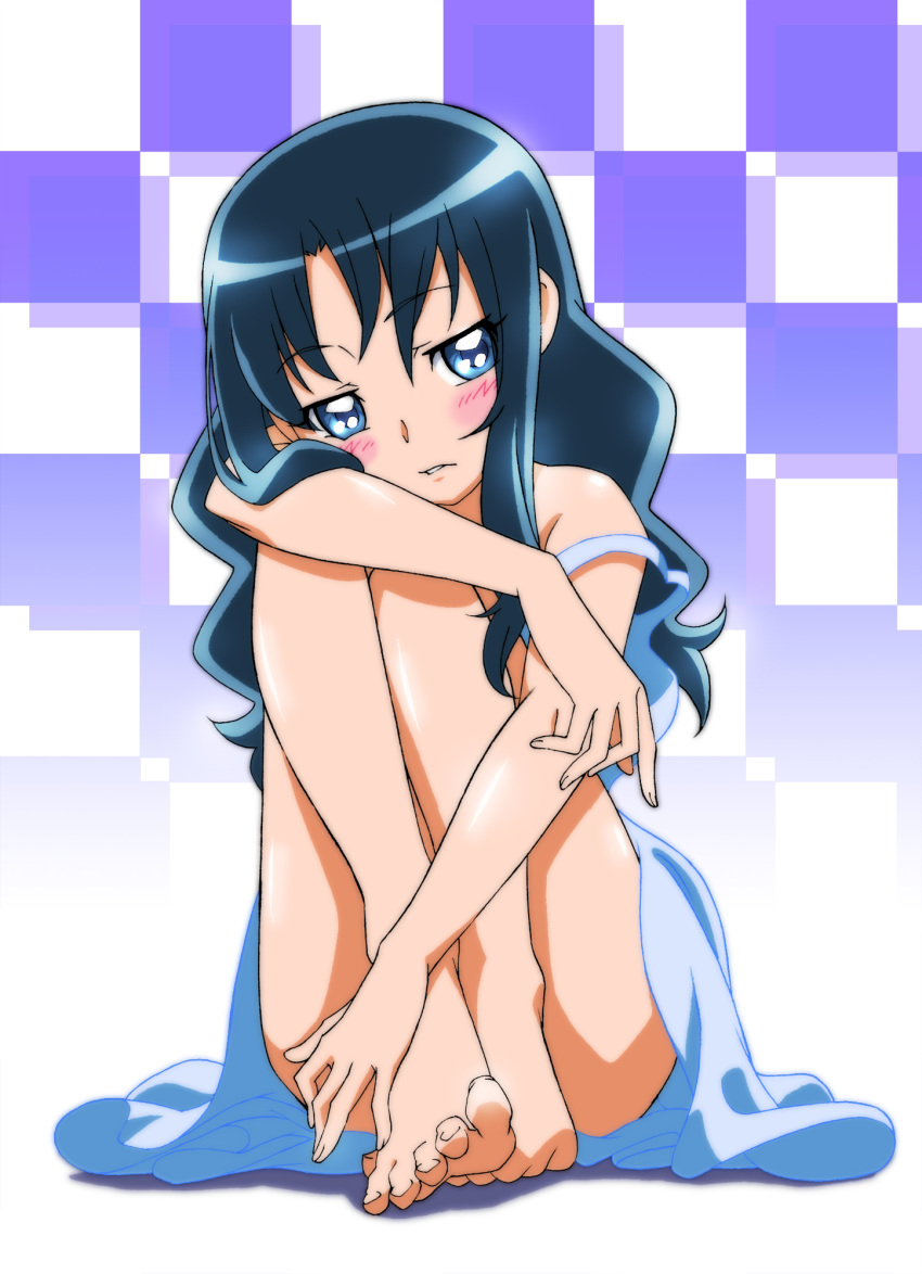 bare_legs bare_shoulders barefoot blue_eyes blue_hair blush checkered checkered_background commentary_request convenient_leg dress eyebrows_visible_through_hair eyes_visible_through_hair feet hair_between_eyes heartcatch_precure! highres knees_up kurumi_erika legs long_hair looking_away miyabi_mt-b partial_commentary precure shiny shiny_hair shiny_skin sitting sleeveless sleeveless_dress solo strap_slip sundress toes