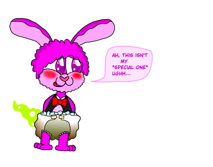 blush clothing diaper digital_media_(artwork) embarrassed english_text fan_character fur hair lagomorph magyco mammal messy_diaper pink_fur psyco_wolfox rabbit simple_background text tuxedo wolfox