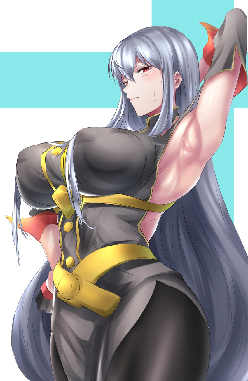 absurdres arm_up armpits backless_outfit bangs bare_shoulders belt black_gloves blush breasts buttons closed_mouth detached_sleeves gloves hair_between_eyes halterneck highres hips hometa huge_breasts long_hair looking_at_viewer military military_uniform pantyhose red_eyes selvaria_bles senjou_no_valkyria senjou_no_valkyria_1 silver_hair solo sweat uniform very_long_hair wide_hips
