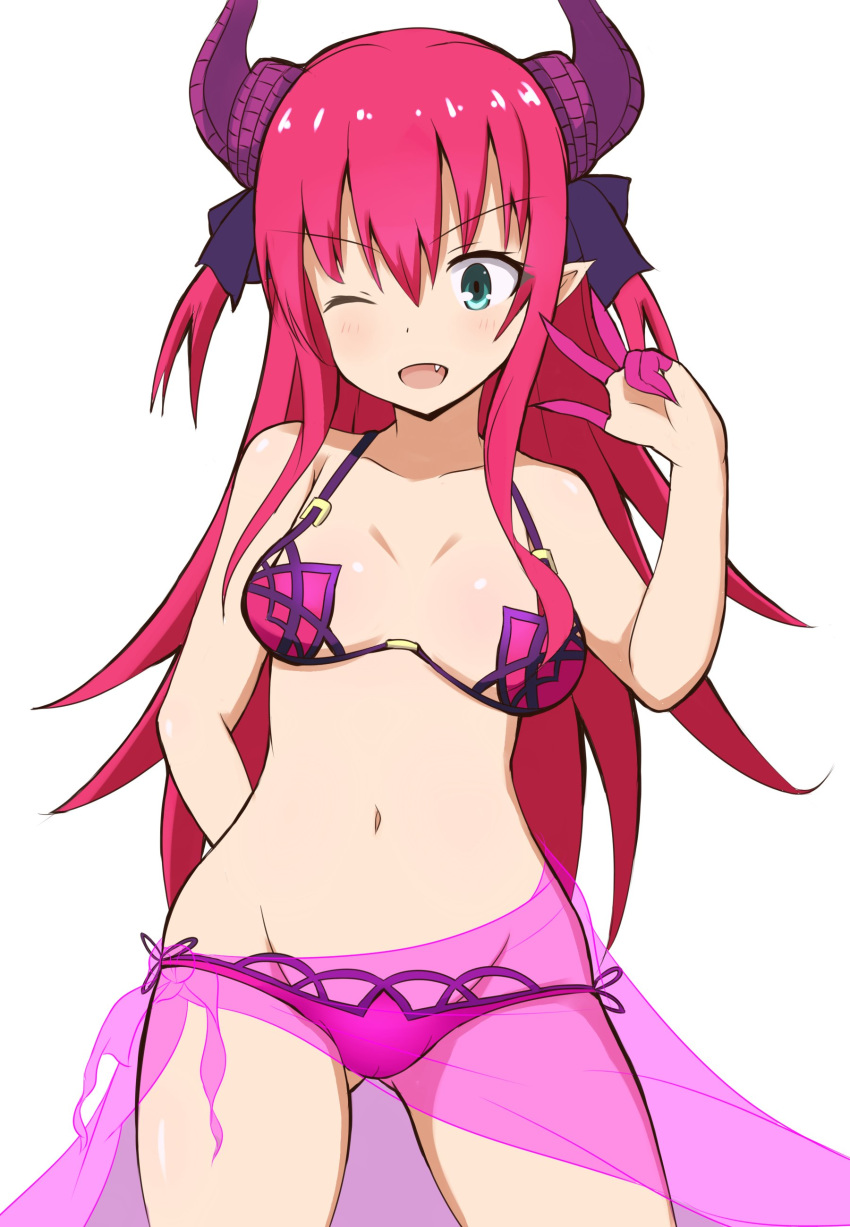 ;d absurdres ass_visible_through_thighs bangs bare_arms bare_shoulders bikini blue_eyes blush breasts collarbone commentary_request cosplay curled_horns dragon_horns elizabeth_bathory_(fate) elizabeth_bathory_(fate)_(all) eyebrows_visible_through_hair fang fate/extra fate/extra_ccc fate/grand_order fate_(series) hair_between_eyes hair_ribbon hand_up highres horns long_hair looking_at_viewer medium_breasts mitchi navel one_eye_closed open_mouth pink_hair purple_bikini purple_ribbon purple_sarong ribbon sarong scathach_(fate)_(all) scathach_(swimsuit_assassin)_(fate) scathach_(swimsuit_assassin)_(fate)_(cosplay) see-through simple_background smile solo swimsuit two_side_up very_long_hair w white_background