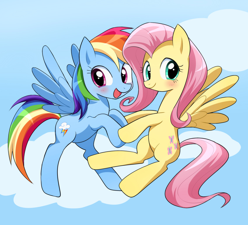 2016 blue_background blue_feathers blush cloud cute cutie_mark duo equine eyelashes feathered_wings feathers female female/female feral fluttershy_(mlp) flying friendship_is_magic hair hand_holding happy hi_res hooves looking_at_viewer mammal multicolored_hair my_little_pony nude open_mouth open_smile outside pegasus pink_hair purple_eyes rainbow_dash_(mlp) rainbow_hair ryuu_chan simple_background sky smile teal_eyes tongue wings yellow_feathers