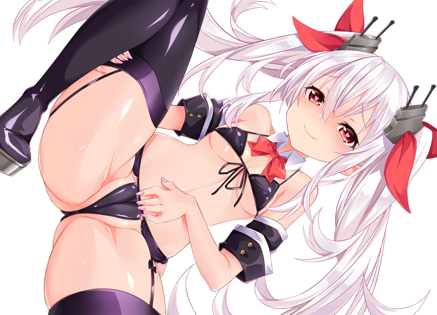 ass_visible_through_thighs azur_lane bangs bare_shoulders black_bow black_bra black_footwear black_panties boots bow bowtie bra breasts cameltoe closed_mouth commentary_request covered_clitoris covered_nipples detached_collar detached_sleeves dutch_angle fang fang_out fingernails front-tie_bra garter_belt hair_between_eyes hair_ornament hair_ribbon half-closed_eyes heart heart-shaped_pupils high_heel_boots high_heels leg_lift lingerie long_hair looking_at_viewer lying micro_bra nail_polish nekomicha on_back panties partially_visible_vulva pink_nails red_eyes red_neckwear red_ribbon ribbon shiny shiny_clothes shiny_hair shiny_skin short_sleeves simple_background sleeve_cuffs small_breasts smile solo spread_legs string_bra sweat symbol-shaped_pupils thigh_boots thighhighs thong twintails underboob underwear underwear_only vampire_(azur_lane) very_long_hair white_background white_hair wing_collar wrist_cuffs