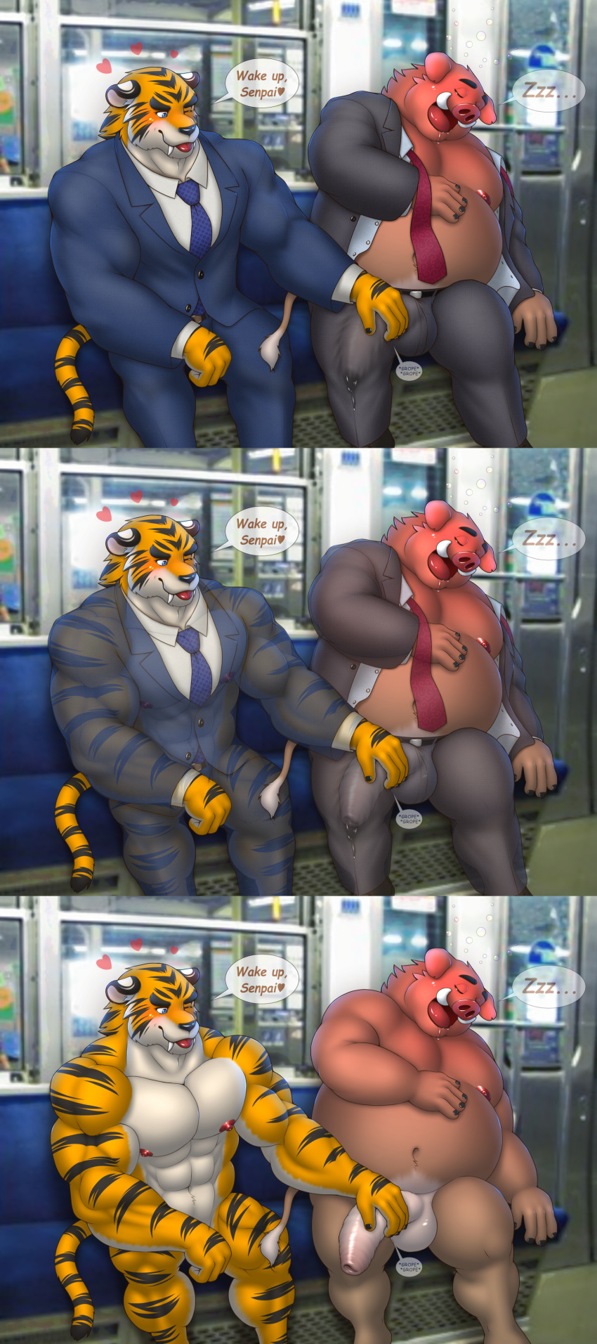 anthro balls boar bulge clothed clothing feline hand_on_penis interval male male/male mammal open_shirt overweight penis porcine public_transportation sleeping tiger uncut