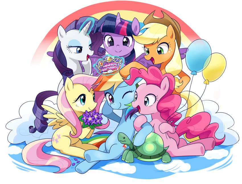 2018 applejack_(mlp) balloon birthday blonde_hair blue_eyes bouquet cowboy_hat crown cute cutie_mark earth_pony english_text equine eyebrows eyelashes eyeshadow feathered_wings feathers female feral flower fluttershy_(mlp) freckles friendship_is_magic green_eyes group hair hat hi_res holding_object hooves horn horse levitation looking_at_viewer magic makeup male mammal mascara multicolored_hair my_little_pony nude one_eye_closed open_mouth open_smile pegasus pet pink_hair pinkie_pie_(mlp) plant pony purple_eyes purple_feathers purple_hair rainbow_dash_(mlp) rainbow_hair rarity_(mlp) reptile ryuu_chan scalie simple_background sitting smile tank_(mlp) teal_eyes text tiara tongue tortoise turtle twilight_sparkle_(mlp) unicorn white_background winged_unicorn wings wink yellow_feathers