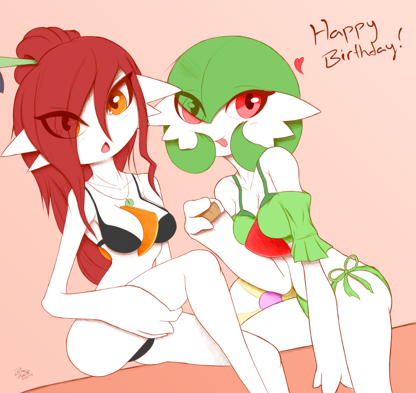 2girls absurdres alternate_color ball bare_shoulders beachball bikini black_bikini blueman282 blush breasts cleavage collarbone crop_top dated english_text eyes_visible_through_hair female food gardevoir gen_3_pokemon green_bikini green_hair green_shirt hair_over_one_eye hair_stick hand_up happy_birthday heart highres holding long_hair looking_at_viewer medium_breasts multiple_girls necklace no_humans off_shoulder open_mouth orange_eyes pokemon pokemon_(creature) red_background red_eyes red_hair shirt short_hair short_sleeves side-tie_bikini signature simple_background sitting smile swimsuit tied_hair tongue tongue_out