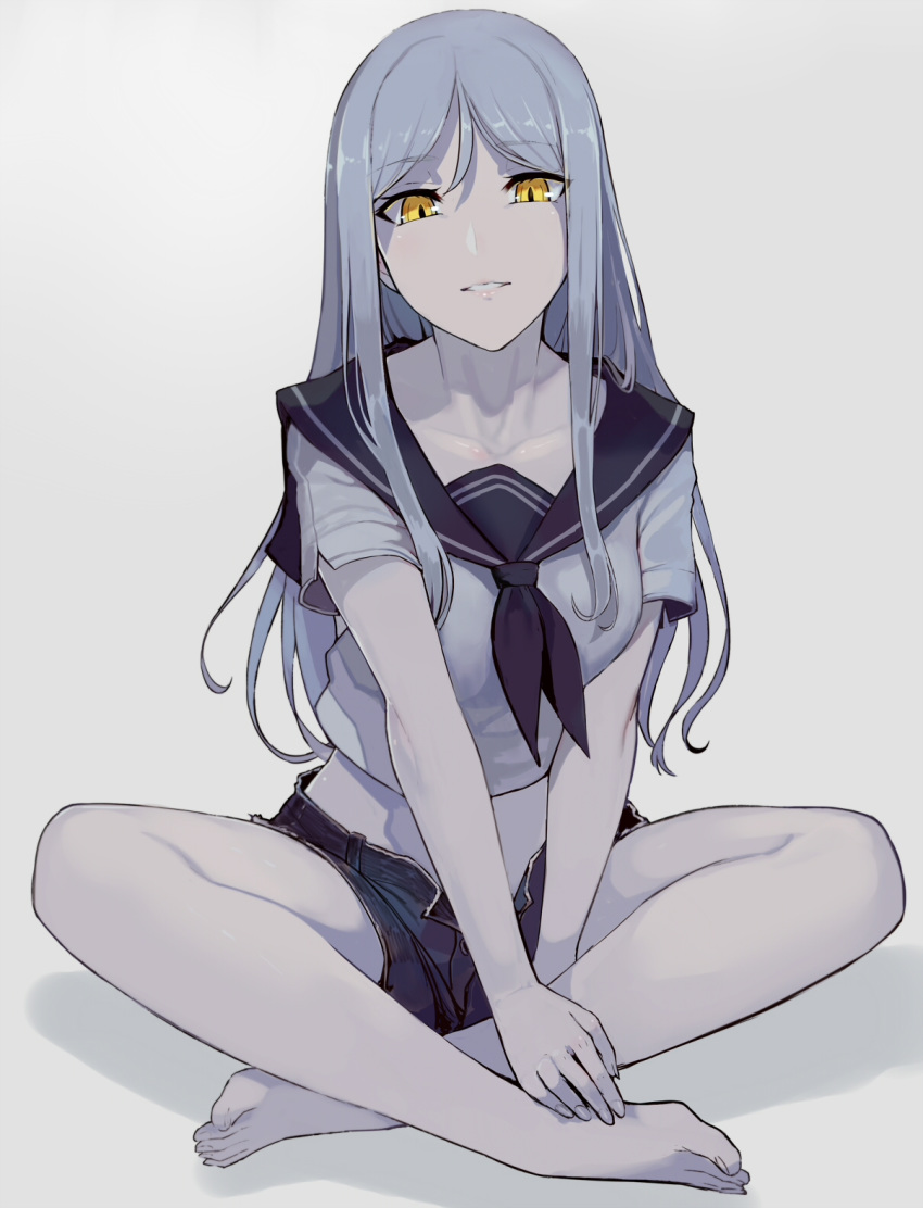 barefoot breasts collarbone crossed_legs denim denim_shorts feet full_body grey_background highres indian_style kantai_collection long_hair looking_at_viewer medium_breasts pale_skin parted_lips sailor_collar shinkaisei-kan short_sleeves shorts sidelocks silver_hair simple_background sitting smile solo ta-class_battleship teeth walzrj yellow_eyes