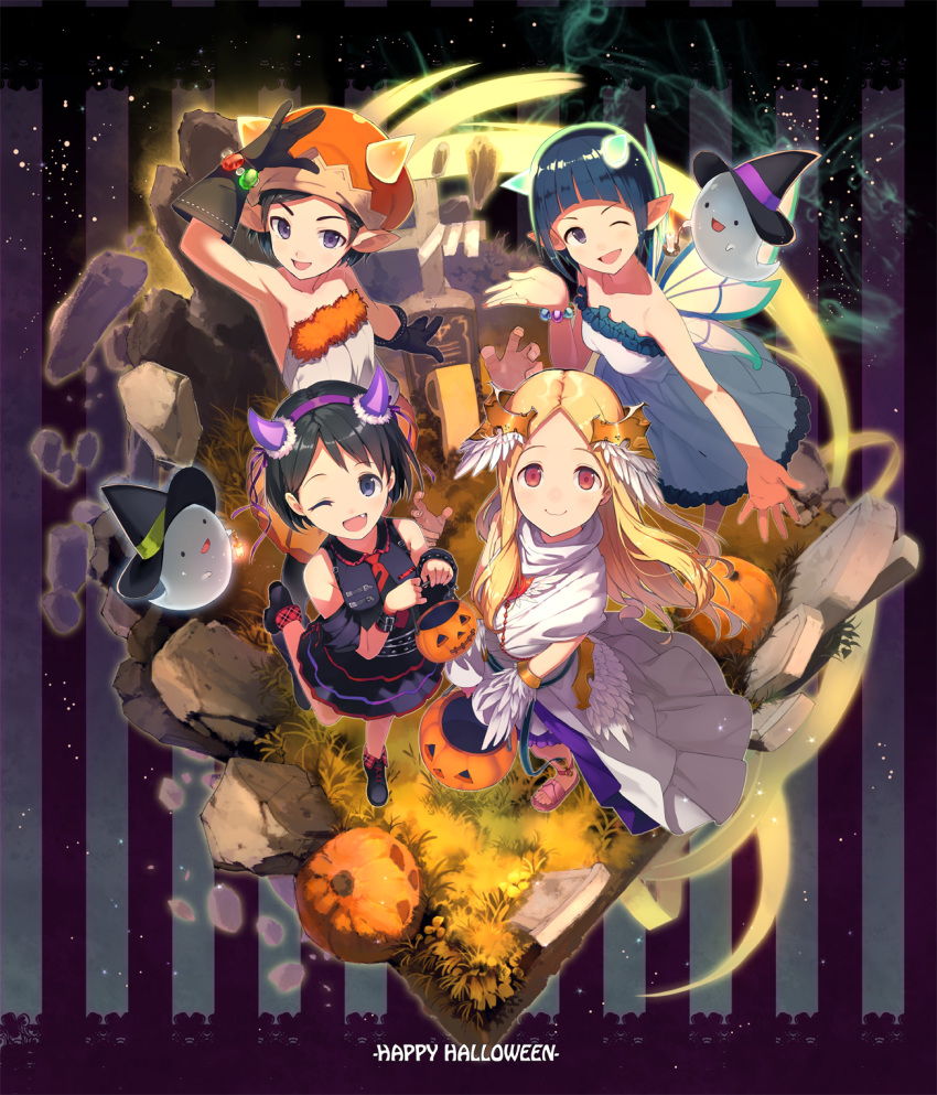 bare_arms bare_shoulders black_dress black_footwear black_hair blonde_hair blue_eyes brown_gloves collared_dress dress fairy fairy_wings fang ghost gloves halloween halloween_basket halloween_costume happy_halloween hat highres idolmaster idolmaster_cinderella_girls long_sleeves looking_at_viewer matsuo_chizuru mochizuki_hijiri multiple_girls necktie okazaki_yasuha one_eye_closed orange_dress pink_footwear purple_eyes red_eyes red_neckwear sandals sasaki_chie shirt short_hair sleeveless smile standing standing_on_one_leg strapless strapless_dress teiryoku_lolita tombstone white_dress white_gloves white_shirt wings witch_hat