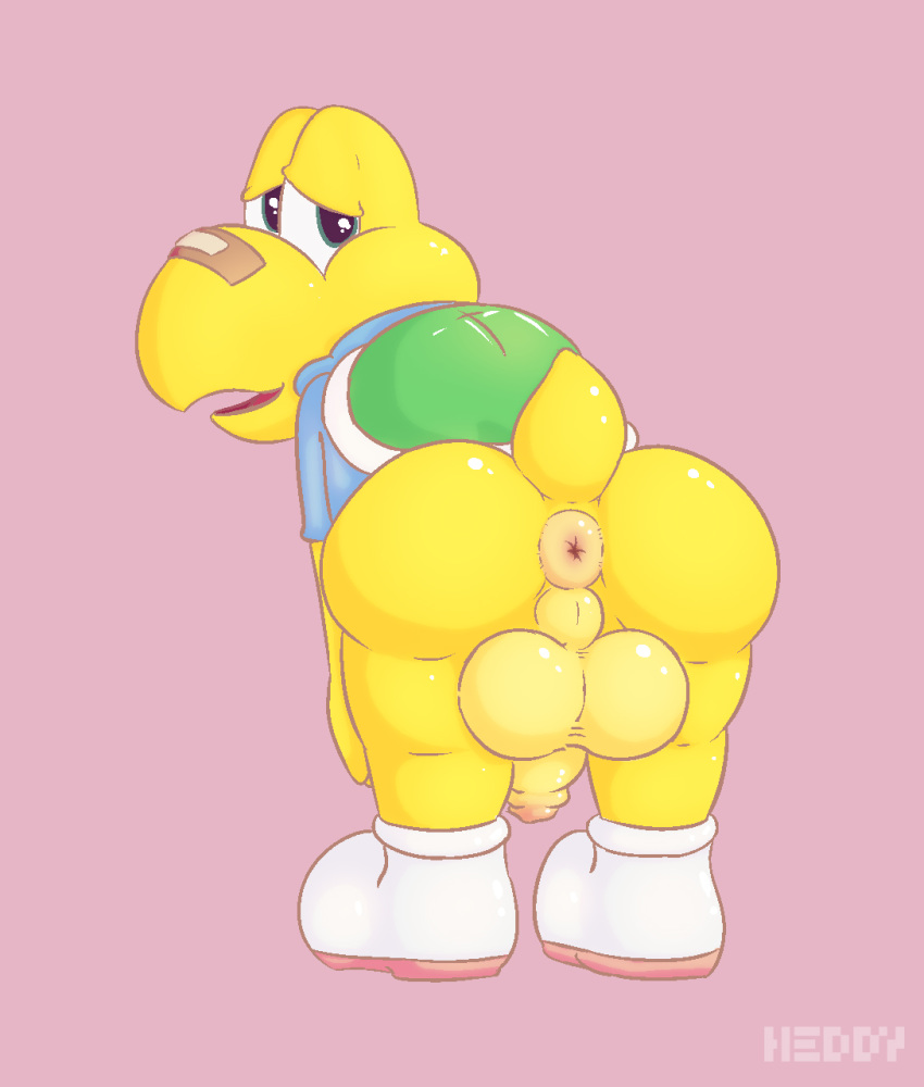 anthro anus balls bent_over big_balls bottomless butt clothed clothing erection footwear green_eyes half-closed_eyes heddy hoodie koopa_troopa koops looking_at_viewer looking_back male mario_bros nintendo open_mouth paper_mario penis perineum plaster puffy_anus reptile scalie shell shoes simple_background solo standing turtle video_games