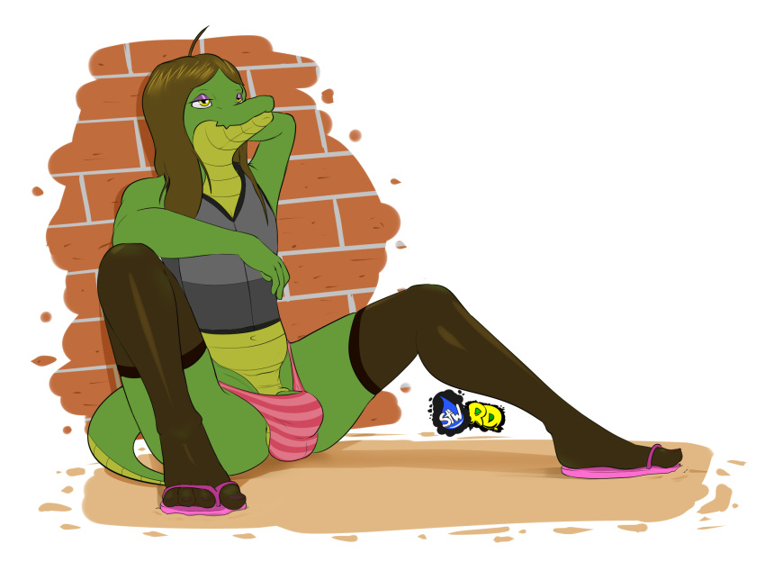 2018 alligator anthro balls brown_hair bulge clothing crocodilian dr_zombie feet girly green_skin hair legwear male panties reptile russie scalie solo stockings underwear yellow_eyes