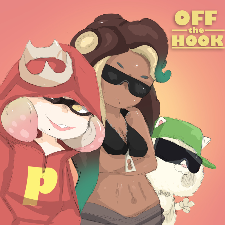 2girls :3 alvin_and_the_chipmunks aori_(splatoon) bare_shoulders black_vest breasts brown_hair cat cleavage crossed_arms crown dark_skin domino_mask english_text female gradient gradient_background gradient_hair green_hair green_hat hand_up hat highres hime_(splatoon) hood hoodie jajji-kun_(splatoon) medium_breasts midriff mini_crown mole mole_under_mouth multicolored_hair multiple_girls navel open_mouth parody pink_hair red_hoodie short_hair simple_background sleeveless smile splatoon splatoon_2 standing sunglasses tanuk_kun teeth tentacle tentacle_hair v vest yellow_eyes zipper zipper_pull_tab