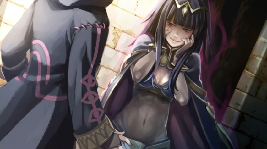 00s 1girl arms_up back bangle bikini_top black_eyes black_hair black_leotard bodysuit bracelets breasts bridal_gauntlets cape coat covered_navel dutch_angle female fire_emblem fire_emblem:_kakusei hands_on_face head_out_of_frame headpiece indoors leotard long_hair looking_at_another magic matching_hair/eyes medium_breasts my_unit_(fire_emblem:_kakusei) nintendo official_art pale_skin see-through skirt smile solo_focus standing tharja wall wrap_skirt yandere yandere_trance