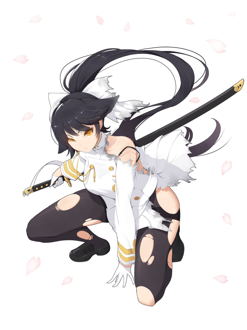 arm_support azur_lane between_legs black_footwear black_hair black_legwear bow commentary full_body hair_bow hand_between_legs high_ponytail highres holding holding_sword holding_weapon jacket katana koflif loafers long_hair military_jacket one_knee pantyhose petals pleated_skirt ponytail sheath sheathed shoes simple_background skirt solo sword takao_(azur_lane) thighband_pantyhose torn_bow torn_clothes torn_jacket torn_legwear torn_skirt very_long_hair weapon white_background white_bow white_jacket white_skirt