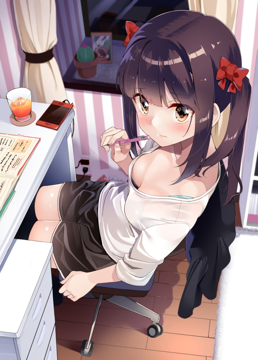 bangs black_hair black_legwear black_shorts blush bow bra breasts brown_eyes byte_(allbyte) cable cellphone charger closed_mouth commentary_request curtains downblouse drink eyebrows_visible_through_hair from_side hair_bow highres holding holding_pencil indoors legs_together long_hair looking_at_viewer mechanical_pencil medium_breasts on_chair original pencil phone photo_(object) red_bow sana_(allbyte) see-through shiny shiny_hair shirt shorts sidelocks sitting smartphone solo sweat thighhighs twintails underwear white_shirt wooden_floor