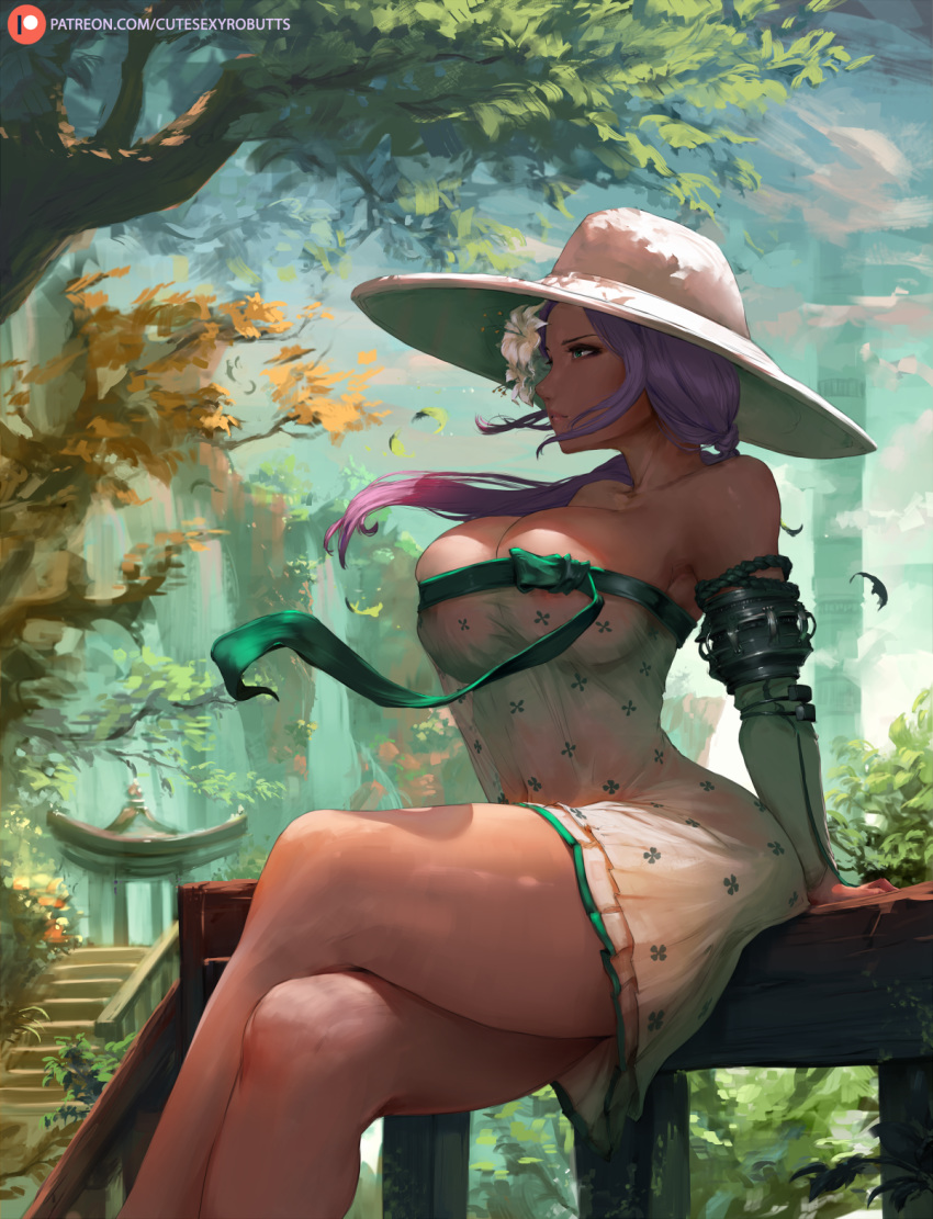 1girl bare_shoulders blade_&amp;_soul blue_eyes breasts cleavage commentary commission curvy cutesexyrobutts dress gradient_hair hat highres large_breasts leaf legs_crossed multicolored_hair no_bra pink_hair purple_hair sitting solo strapless strapless_dress thick_thighs thighs tree white_dress